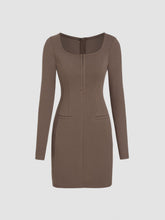 U-neckline Solid Zipper Mini Dress