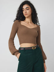 Knit V-neck Solid Lantern Sleeve Crop Top