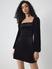 Velvet Square Neck Solid Ruched Mini Dress