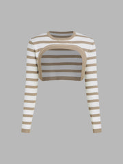 Round Neck Stripe Knitted Long Sleeve Crop Shrug