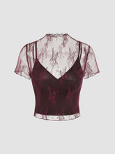 High Neck Lace Floral Top & Solid Crop Cami Top Set