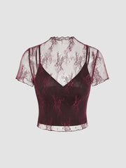 High Neck Lace Floral Top & Solid Crop Cami Top Set