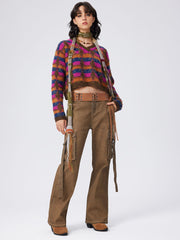 Cargo Stretch Mid Waist Solid Button Flared Jeans