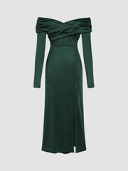 Velvet Off-shoulder Solid Split Maxi Dress