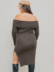 Jersey Off-shoulder Solid Split Midi Dress Curve & Plus