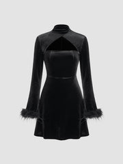 Feather-trim Velvet Tube Ruffle Mini Dress
