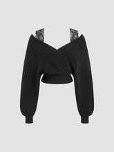 V-neck Solid Lace Knit Crop Wrap Sweater