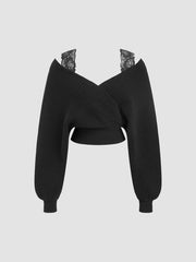 V-neck Solid Lace Knit Crop Wrap Sweater