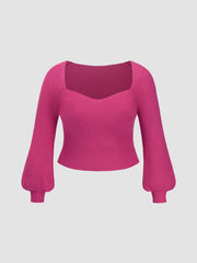 Knit V-neck Solid Lantern Sleeve Top Curve & Plus