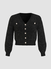 Metallic V-neck Solid Button Cardigan Curve & Plus