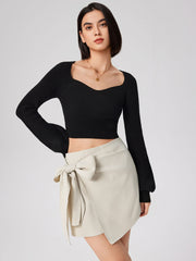 Knit V-neck Solid Lantern Sleeve Crop Top