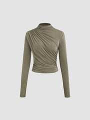 Stand Collar Ruched Long Sleeve Tee