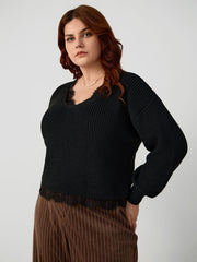 Knit V-neck Solid Long Sleeve Top Curve & Plus