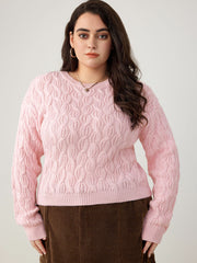 Round Neck Cable Knit Sweater Curve & Plus