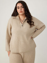 Wool-blend Collar Solid Zipper Knitted Sweater Curve & Plus