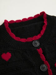 Round Neck Heart Contrasting Binding Cardigan