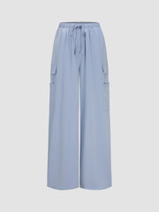 Satin Mid Waist Solid Cargo Drawstring Wide Leg Trousers