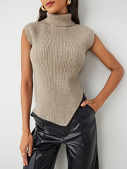 Wool-blend Knit High Neck Solid Asymmetrical Vest