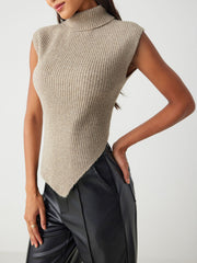 Wool-blend Knit High Neck Solid Asymmetrical Vest