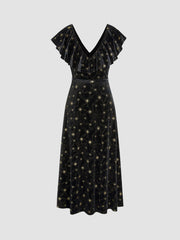 Velvet V-neck Star Ruffle Tie Back Midi Dress