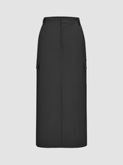 High Waist Solid Split Maxi Cargo Skirt
