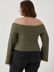 Off-shoulder Solid Knitted Long Sleeve Top Curve & Plus