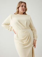 Round Neckline Split Ruched Midi Dress Curve & Plus