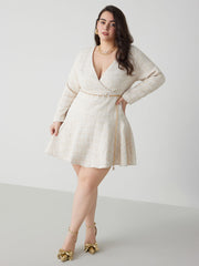 Tweed V-neck Solid Faux Pearl Mini Dress Curve & Plus
