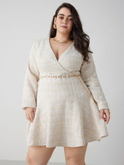 Tweed V-neck Solid Faux Pearl Mini Dress Curve & Plus