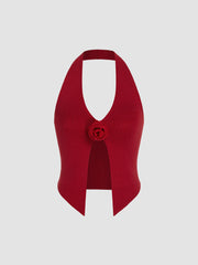 Halter Neck Rosette Knitted Crop Top