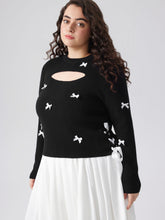 Knit Round Neckline Bowknot Cut Out Long Sleeve Top Curve & Plus