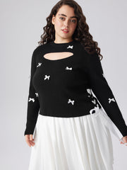 Knit Round Neckline Bowknot Cut Out Long Sleeve Top Curve & Plus