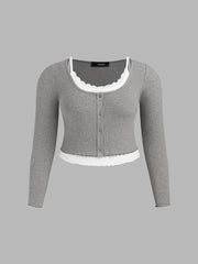 Rib Button Crop Long Sleeve Top With Ruffle Hem Cami Top Curve & Plus