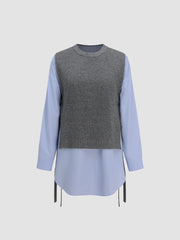 Round Neck Knit Vest Patchy Mini Shirt Dress