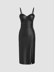 Faux Leather Sweetheart Split Midi Dress