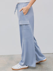 Satin Mid Waist Solid Cargo Drawstring Wide Leg Trousers