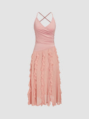 Ruched Ruffle Hem Backless Maxi Dress