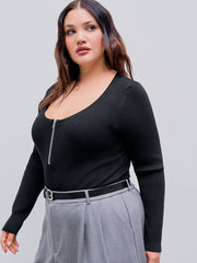 Knit U-neckline Zipper Solid Long Sleeve Top Curve & Plus