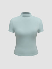 CIDERCONTOUR Double Layered Turtle Neck Solid Short Sleeve Top