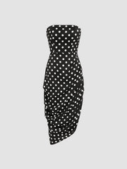 Spot Asymmetrical Hem Ruched Tube Midi Dress