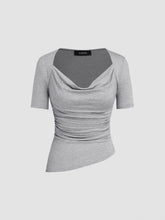 Cowl Neck Ruched Asymmetrical Hem Short Sleeve Tee