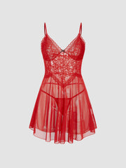 Mesh V-neck Lace Loungewear Dress