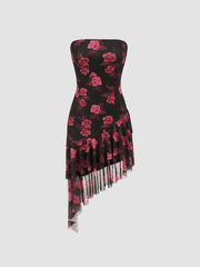 Mesh Floral Asymmetrical Hem Tube Midi Dress