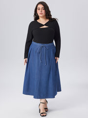 Denim Middle Waist Knotted Ruffle Midi Skirt Curve & Plus