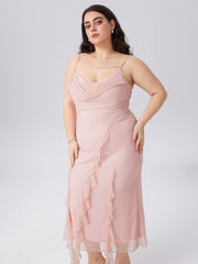 Mesh Ruffle Hem Ruched Midi Dress Curve & Plus