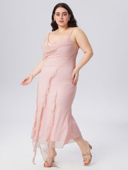 Mesh Ruffle Hem Ruched Midi Dress Curve & Plus