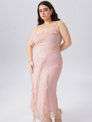 Mesh Ruffle Hem Ruched Midi Dress Curve & Plus
