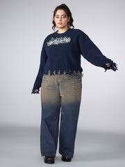 Graphic Ripped Knitted Long Sleeve Top Curve & Plus