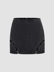 Denim Low Rise Studded Cut Out Mini Skirt