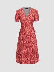 V-neck Ditsy Floral Knotted Midi Dress